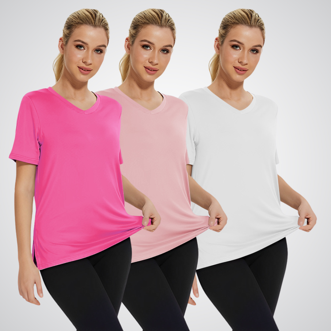 Three Bennett and Family Selena loose fit T-shirts in neutral colors, laid flat on a white background.