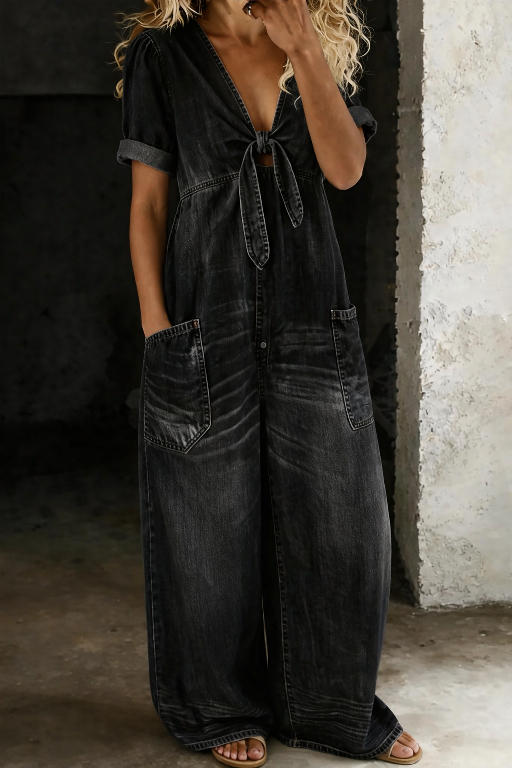 Bennett and Family Maya denim wide-leg jumpsuit, stylish casual pantalon with a relaxed fit and wide-leg design, front view.