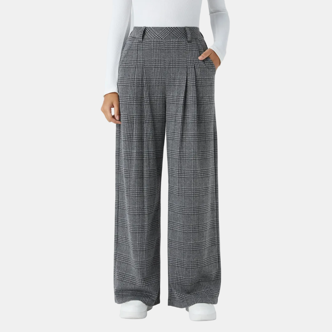Women's Wide Leg Pants, High Waist Glen Plaid Pleated Trousers