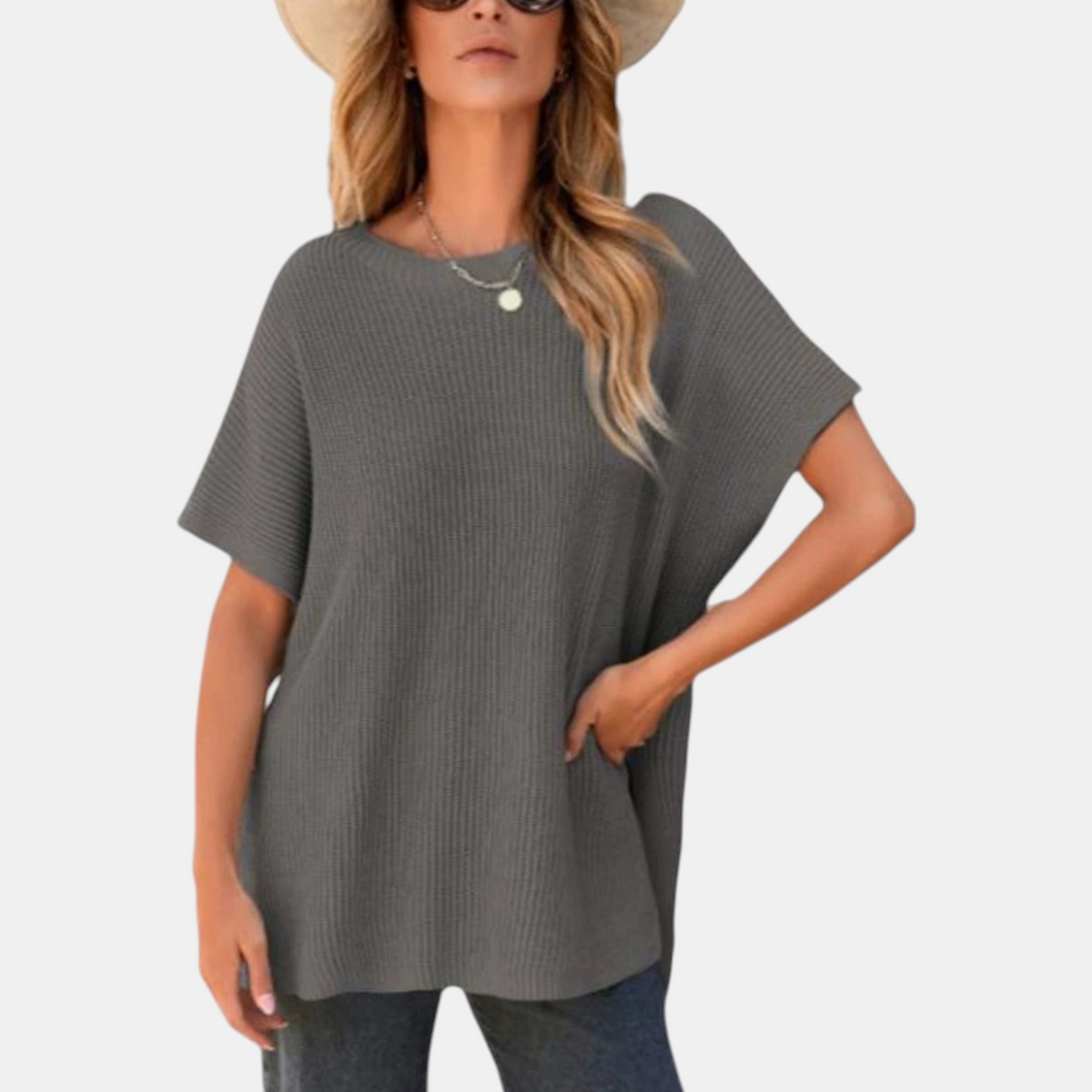 Women's Knit Top, Oversized Ribbed Tunic with Side Slit