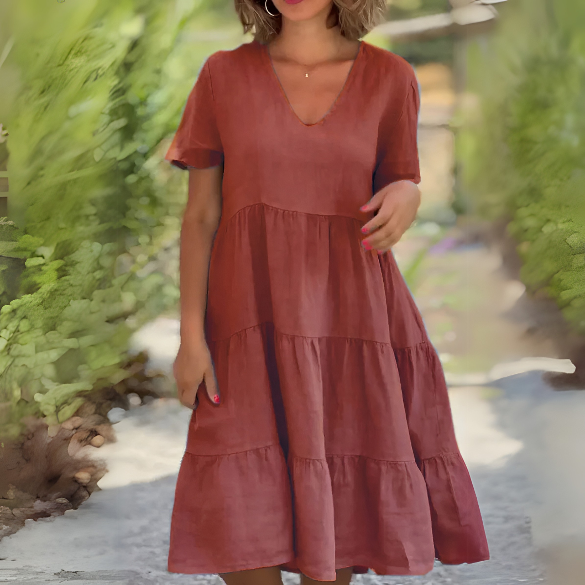 Luce loose dress with V-neck by The Rowan Daughters, shown in a relaxed fit with soft fabric and stylish design.