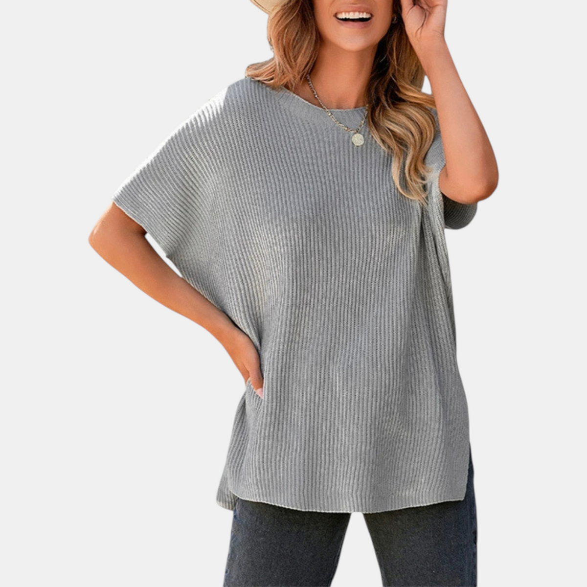 Women's Knit Top, Oversized Ribbed Tunic with Side Slit