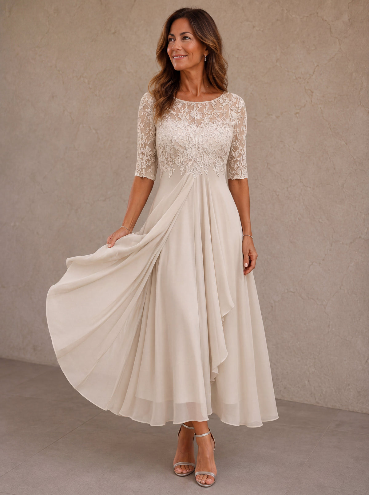Elegant Abella lace and chiffon maxi dress by Bennett and Family, featuring flowing fabric and intricate lace details.