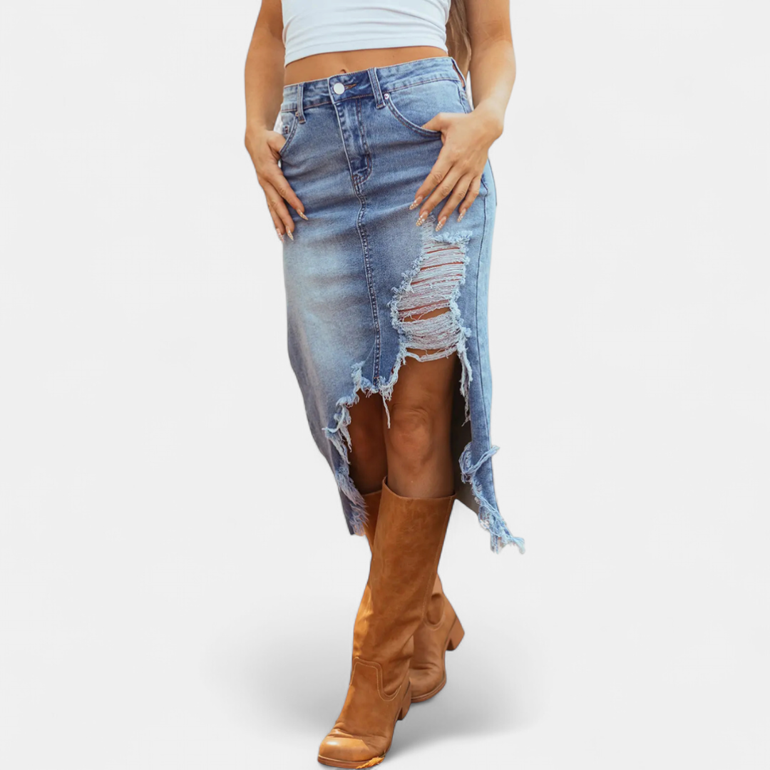 Women's Midi Skirt, Distressed Ripped Raw Frayed Hem