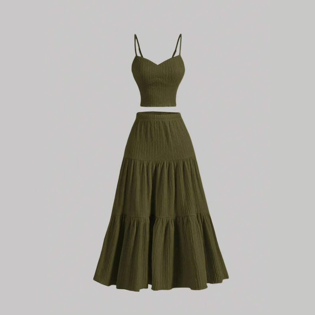 Women's Matching Set, Ribbed Sweetheart Crop Top and Tiered Midi Skirt