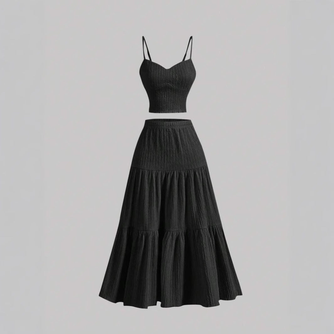 Women's Matching Set, Ribbed Sweetheart Crop Top and Tiered Midi Skirt