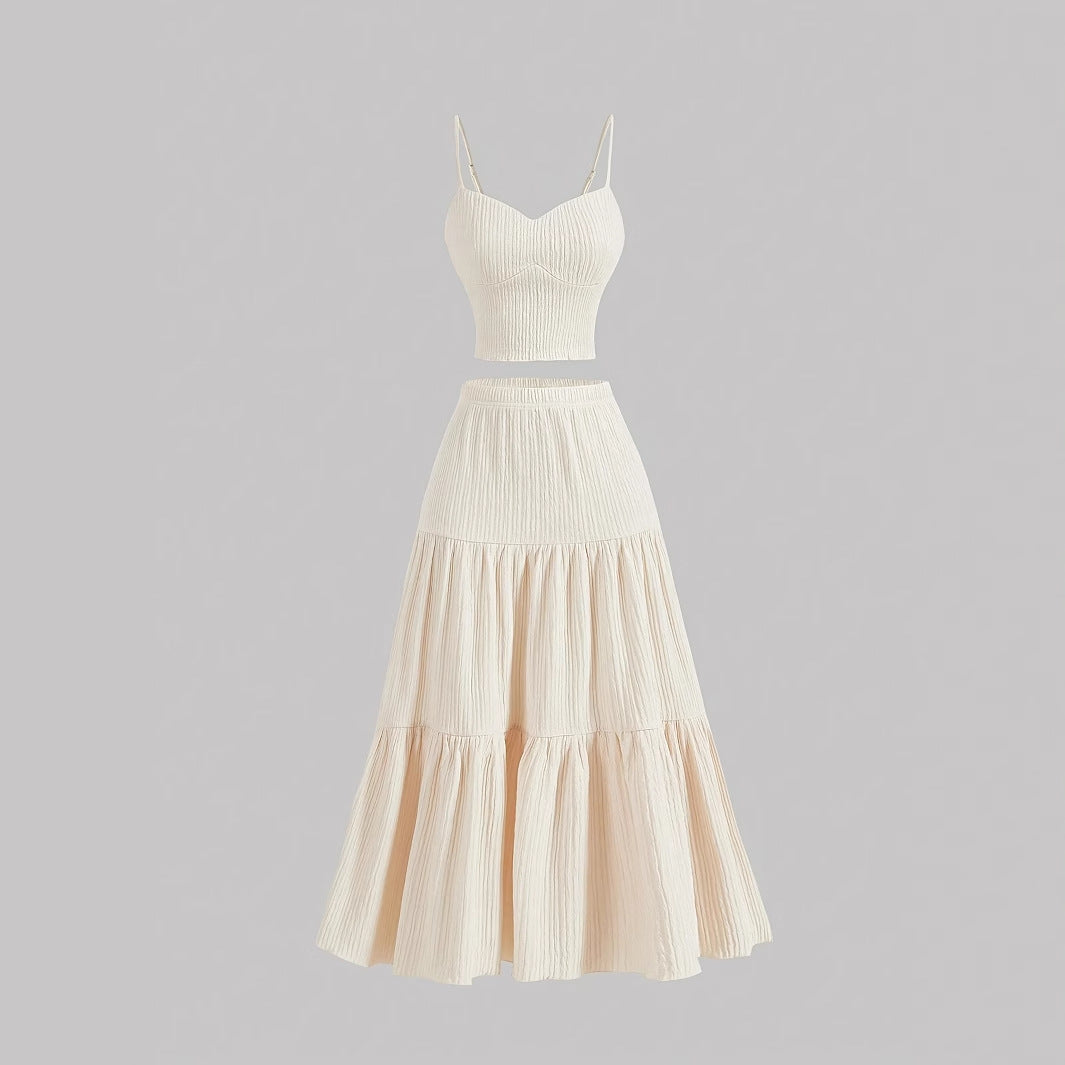 Women's Matching Set, Ribbed Sweetheart Crop Top and Tiered Midi Skirt