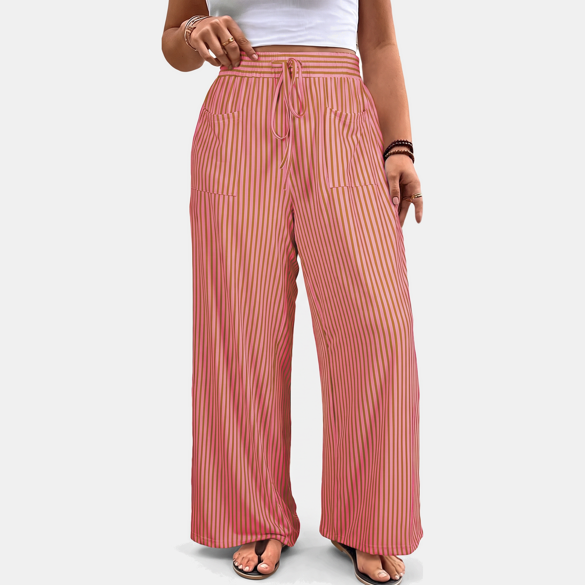 Women's Wide Leg Pants, Striped High Waist Drawstring Palazzo