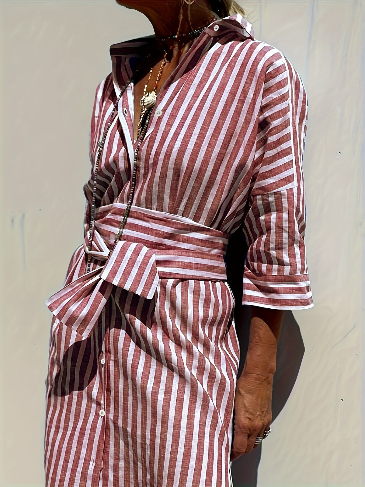 Christine | Striped Print & Button Closure with Belt