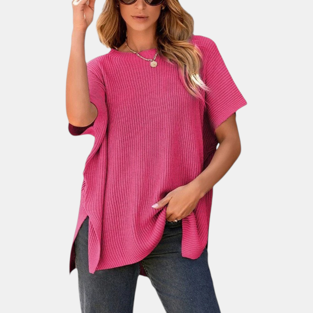 Women's Knit Top, Oversized Ribbed Tunic with Side Slit