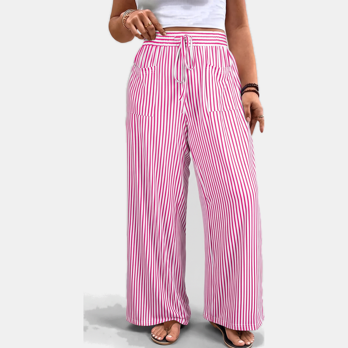 Women's Wide Leg Pants, Striped High Waist Drawstring Palazzo