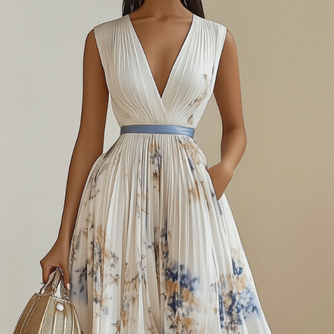 Elara dress with soft V-neck by The Rowan Daughters, showcasing its elegant neckline and flowing fabric design.