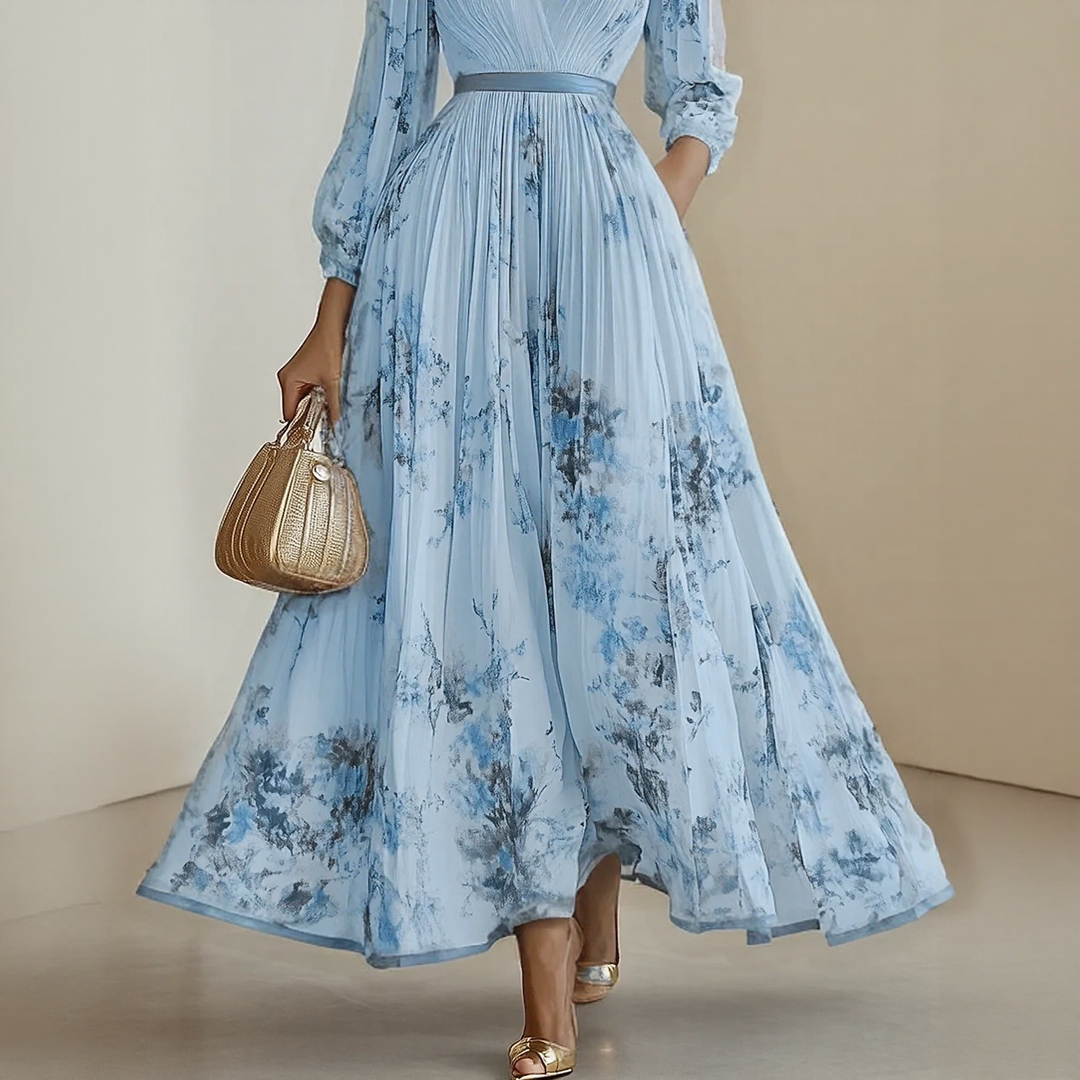 Elara dress with soft V-neck from The Rowan Daughters, featuring lightweight fabric and a relaxed fit, shown on a model.