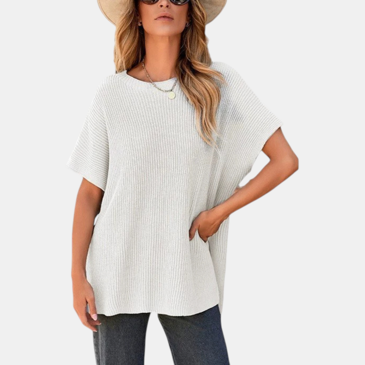 Women's Knit Top, Oversized Ribbed Tunic with Side Slit