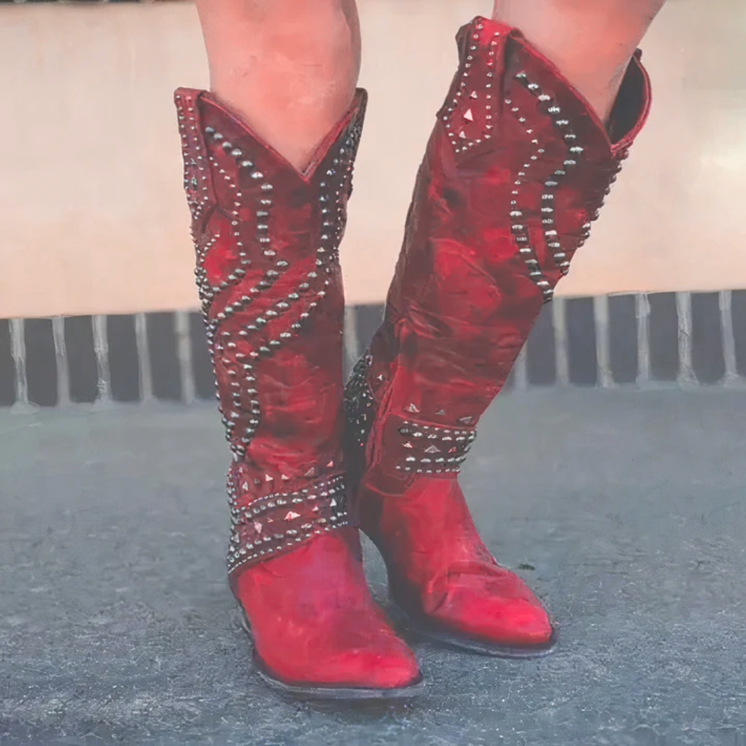 Western knee-high boots by Bennett and Family featuring rivet details, thick heels, and a stylish design for women.