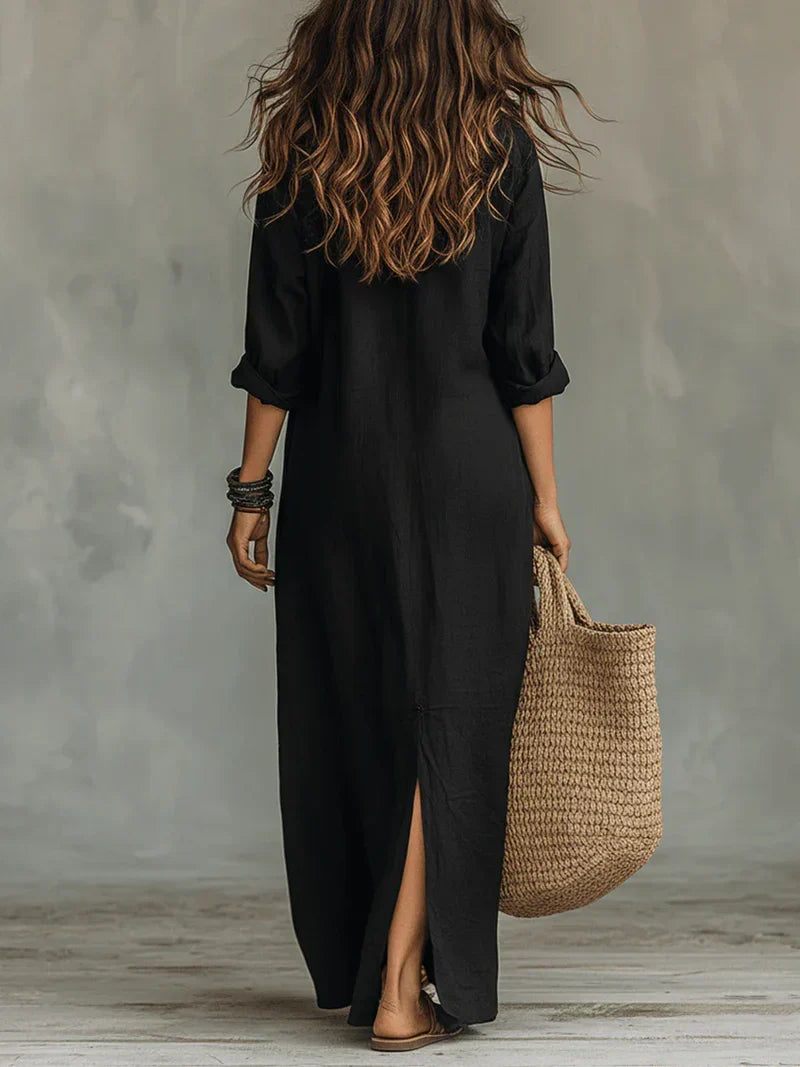 Bennett and Family Sofia Maxi Dress in yellow, flowing fabric with a fitted bodice and ankle-length skirt, casual elegant style.