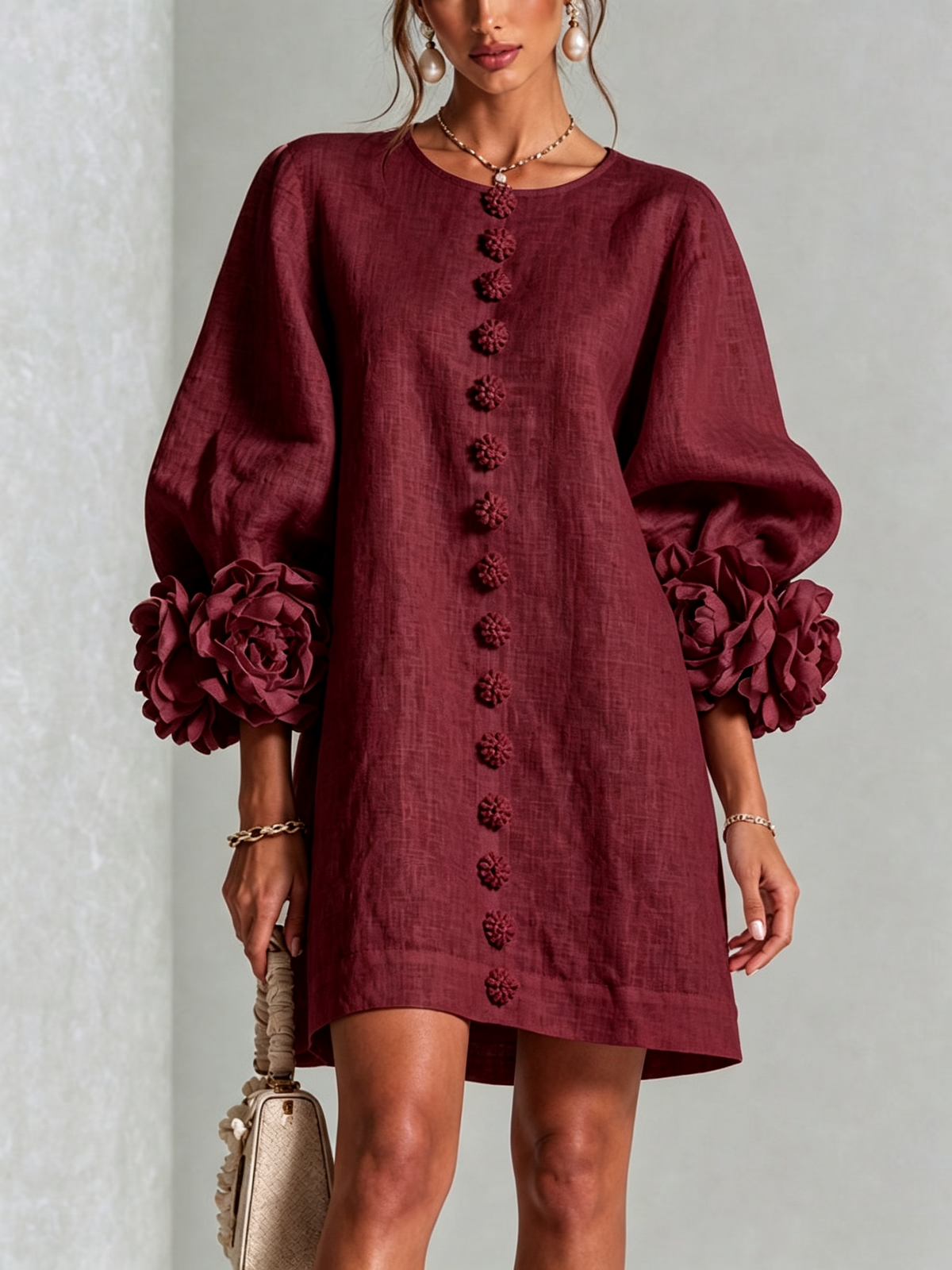 Burgundy Susanna Mini Dress by Bennett and Family, stylish dress with a fitted silhouette and elegant design, shown on a model.