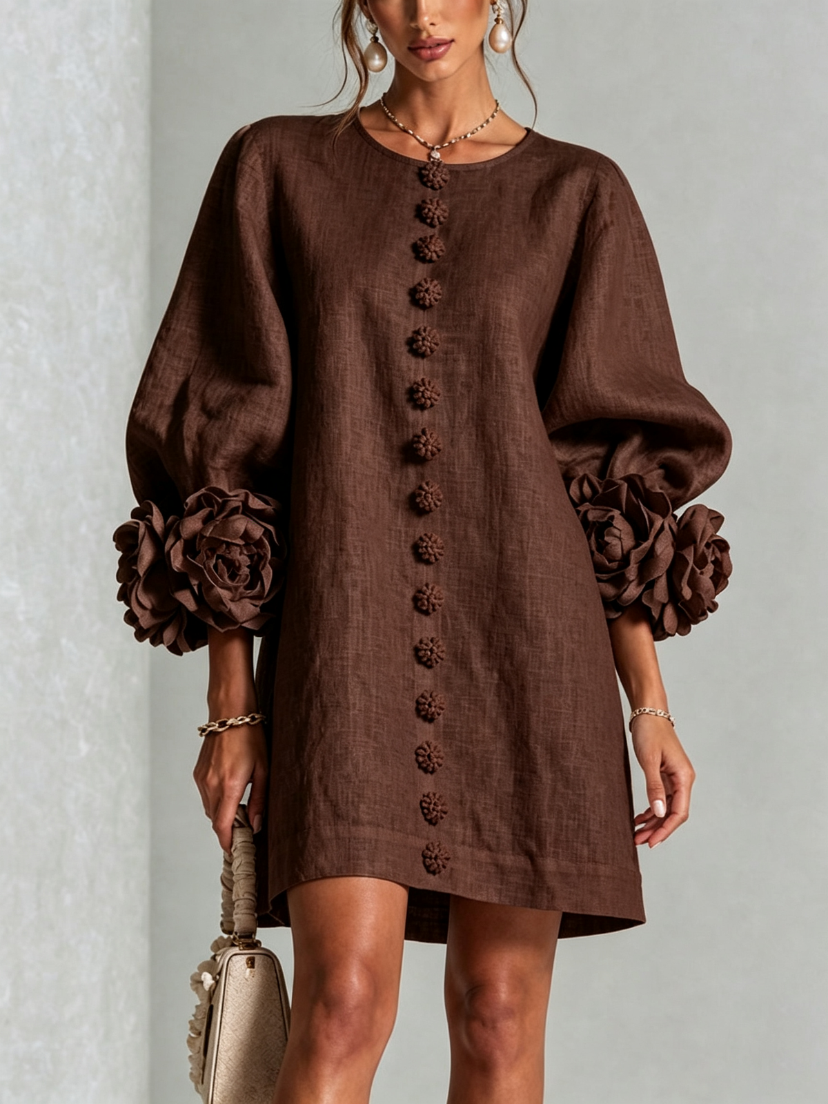 Mocha brown Susanna mini dress by Bennett and Family, featuring a stylish, fitted design with short sleeves and a flattering silhouette.