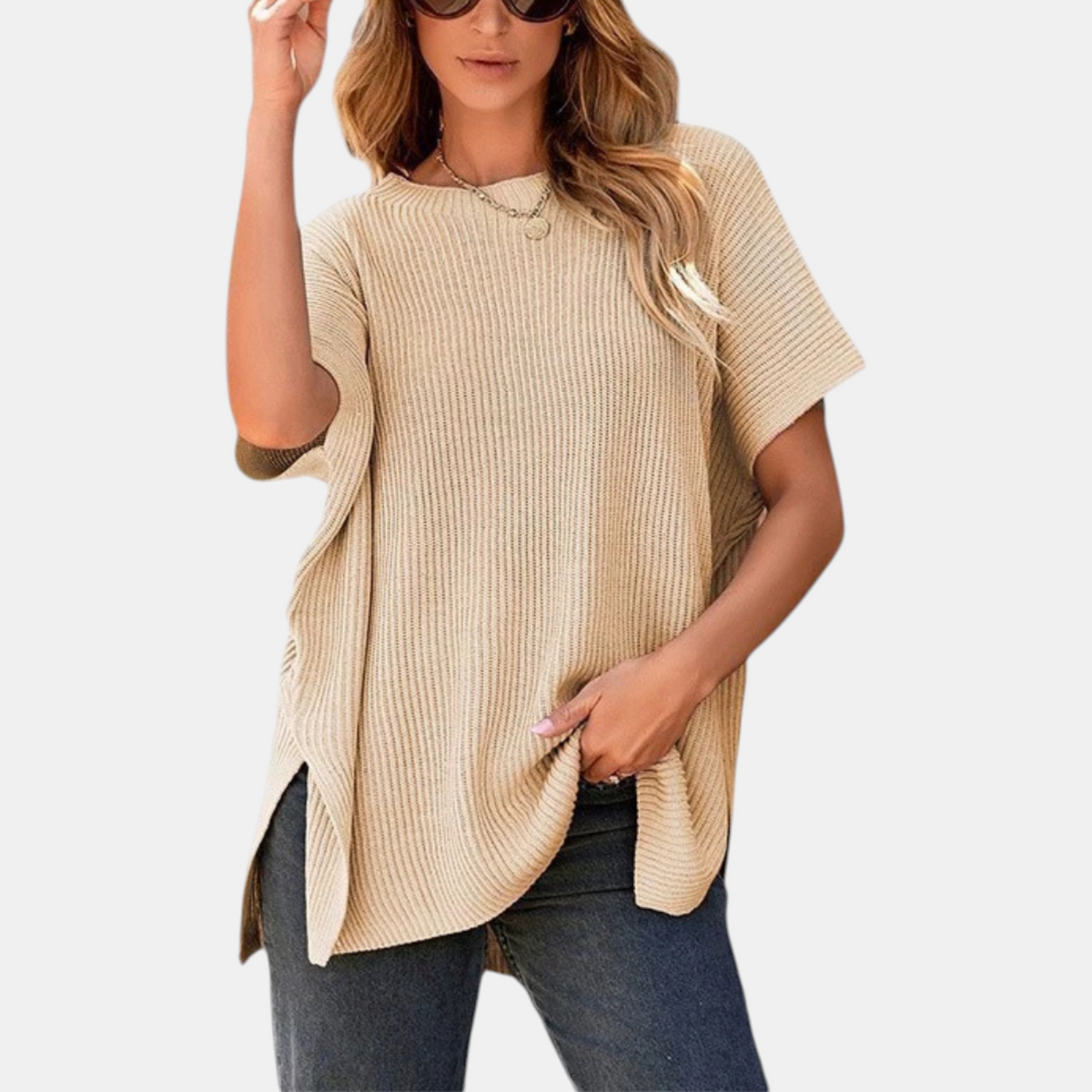Women's Knit Top, Oversized Ribbed Tunic with Side Slit