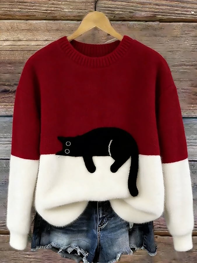 Bennett and Family Bonnie cat print oversized sweater in soft knit fabric, featuring a cozy, relaxed fit with a playful feline design.