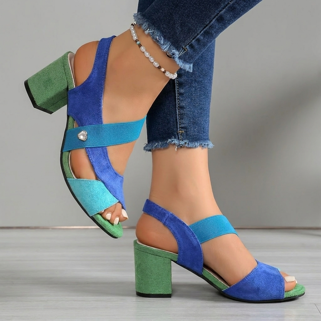 Bennett And Family Bella Comfort Heels, stylish beige shoes with a pointed toe and block heel, perfect for casual or formal wear.